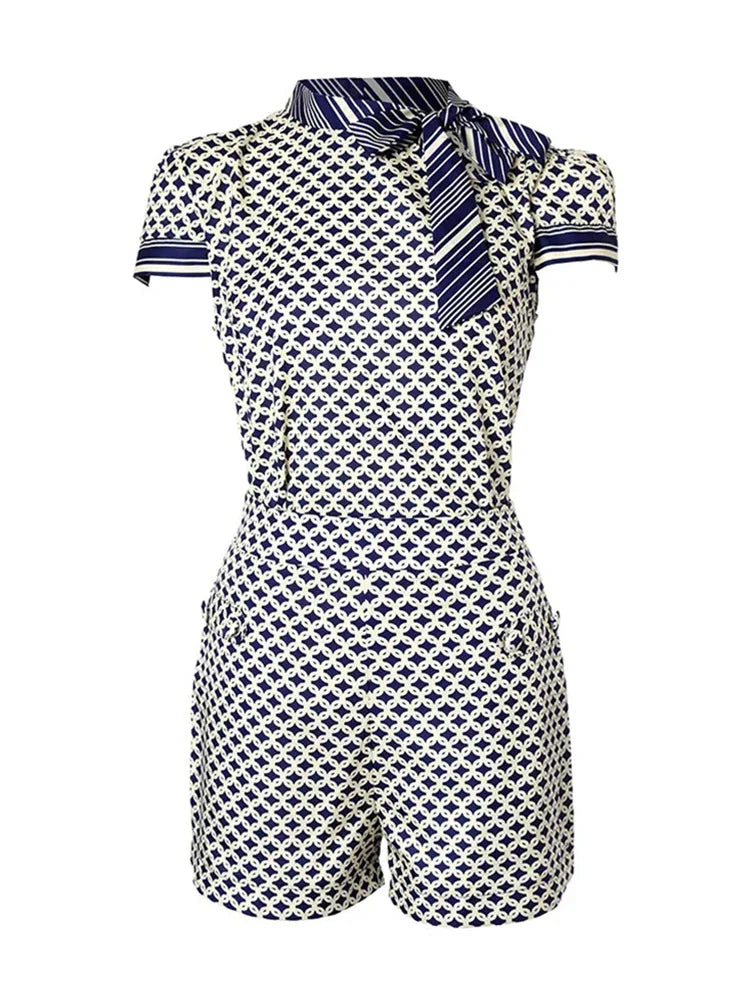 Geometric Tie-Neck Shorts Set with Bow Blouse for Casual Events