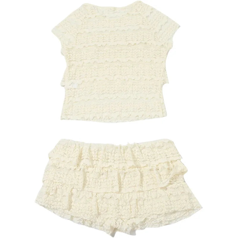 Clubbing Layered Lace Crop Top and Shorts for Women Shorts Sets