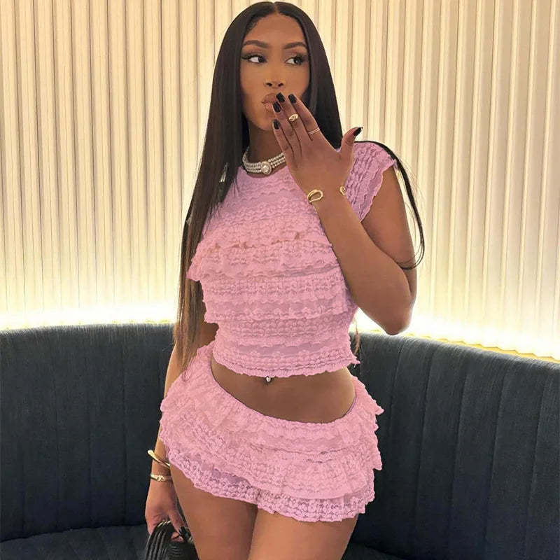 Clubbing Layered Lace Crop Top and Shorts for Women Shorts Sets