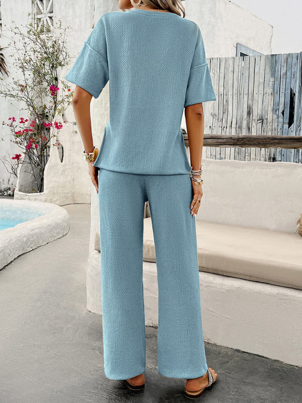 Relax Fit Textured Top & Pants Set Casual Outfit for Women Summer