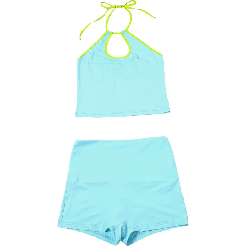 Vibrant Neon Halter and Shorts Set for the Active Woman Summer