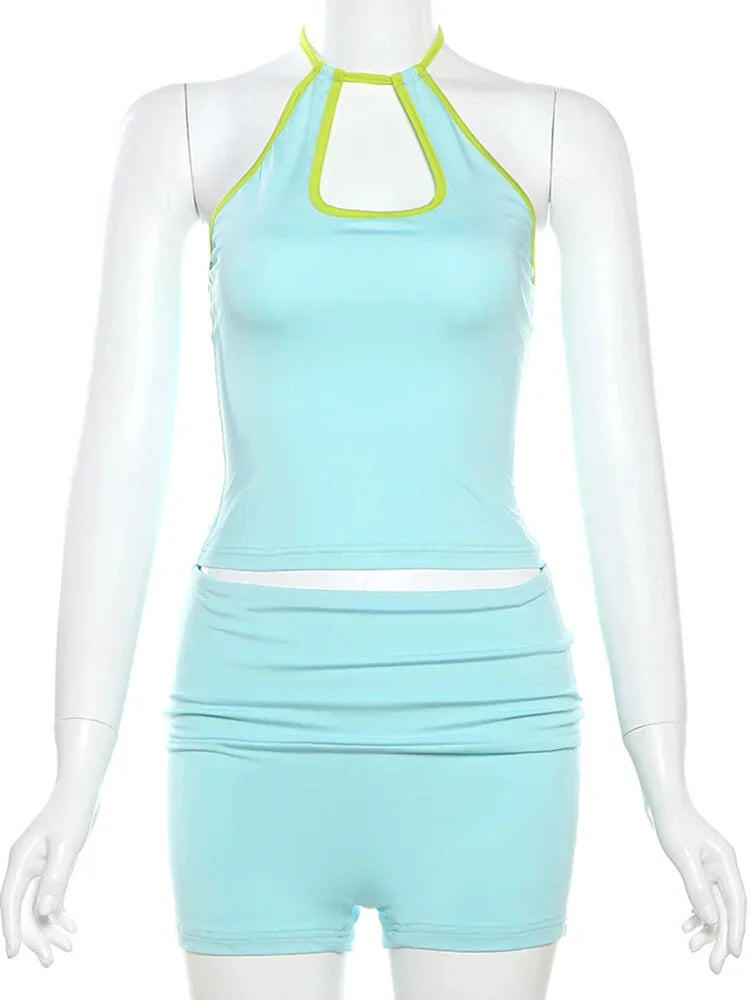 Vibrant Neon Halter and Shorts Set for the Active Woman Summer