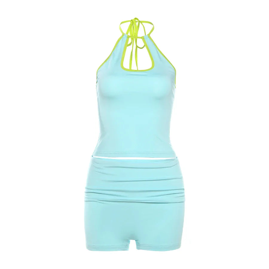 Vibrant Neon Halter and Shorts Set for the Active Woman Summer