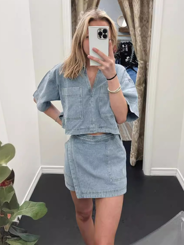 V-Neck Denim Top & Skirt Set for Summer Outings | Summer Outfits