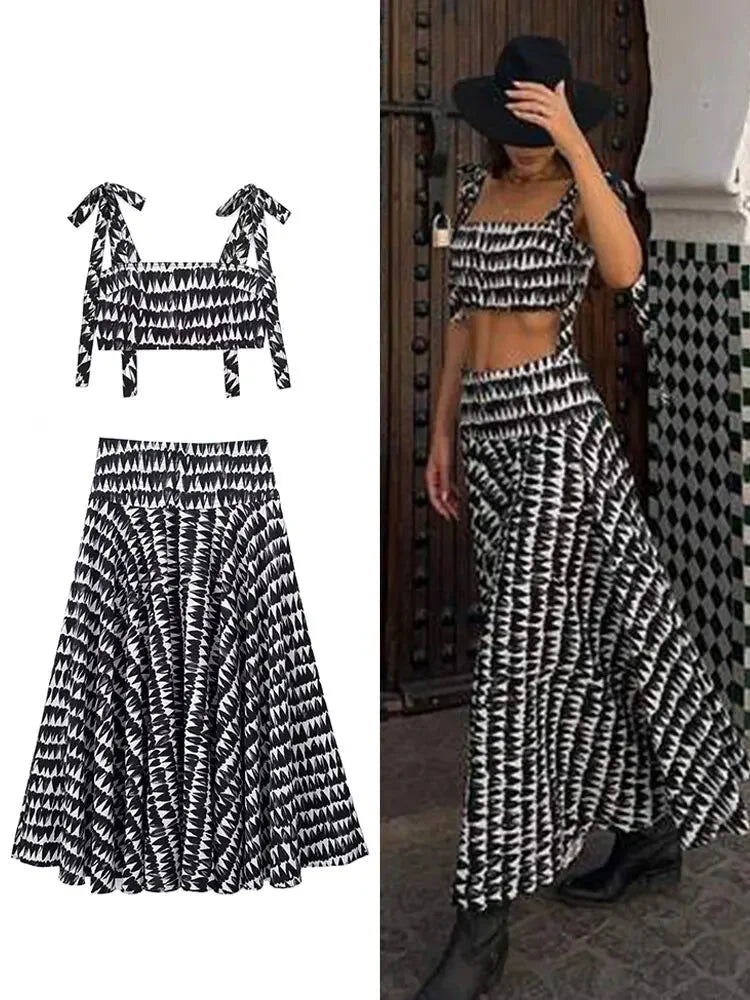 Vacation-Ready Geo Print Crop Cami & Midi Skirt Set