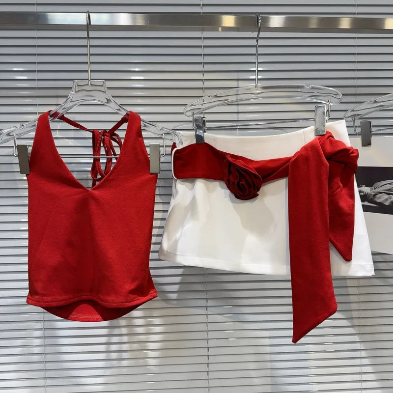 Trendy Two-Tone Halter Top & Skirt Set for Summer