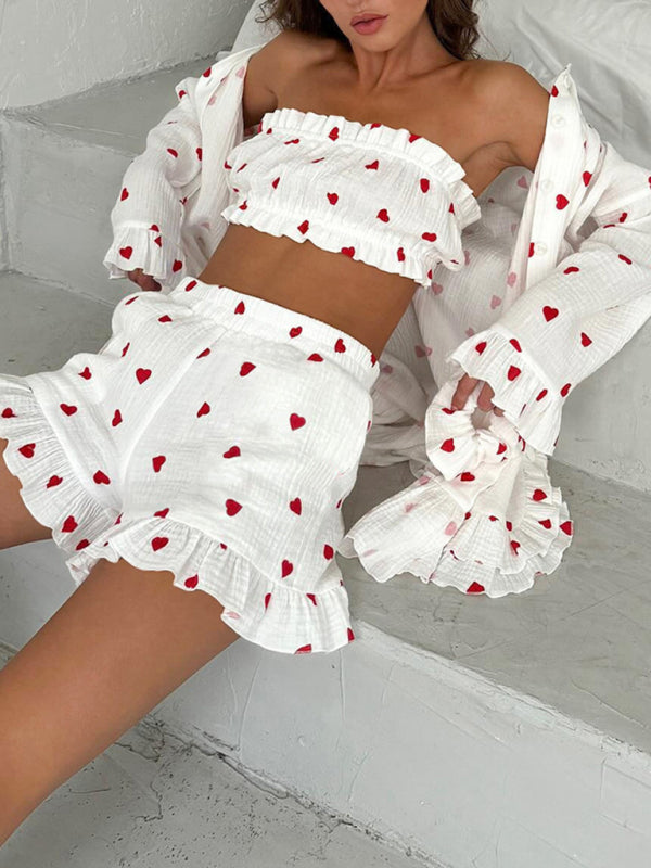 Love-Filled Loungewear - Women's 3-Piece Cotton Shorts & Tube Top