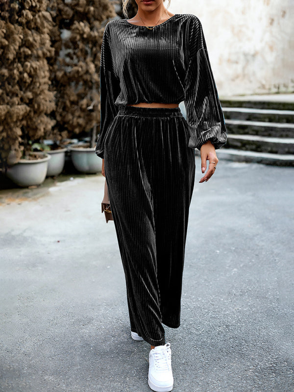 Velvet Ribbed Crop Top & Wide-Leg Trousers Set | Trousers Set