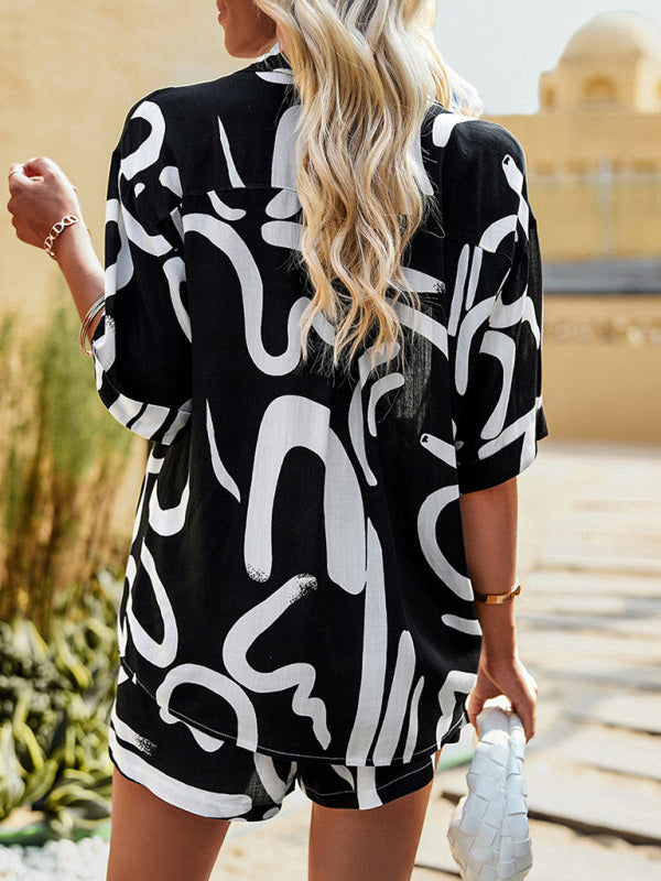 Abstract Print Two Piece Set Shirt and Shorts Casual Suit (Top +