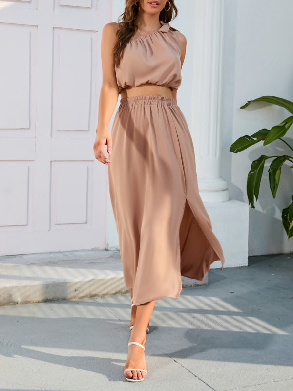 2-Piece Solid Elastic Waist Long Skirt + Crop Top Casual Suit