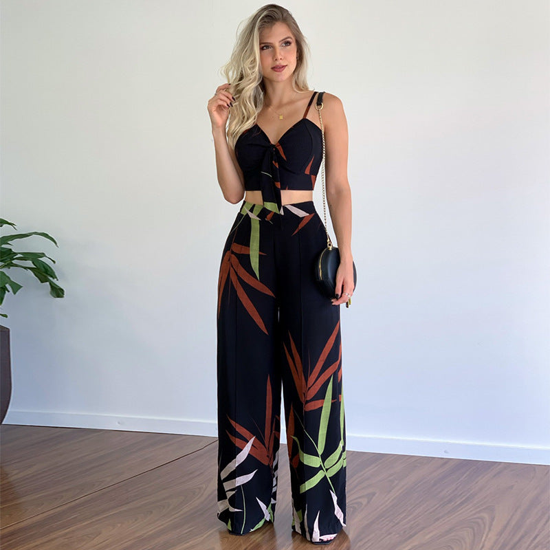 Vacation Print Suit Wide-Leg Pants & Cami Knot Crop Top Pants and