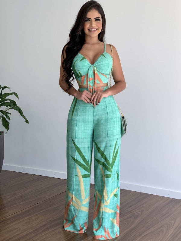 Vacation Print Suit Wide-Leg Pants & Cami Knot Crop Top Pants and