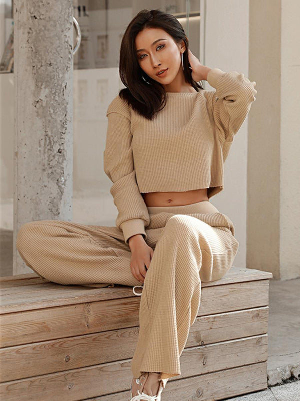 Comfy Long Sleeve Crop Pullover + Flared Pants in Waffle Textured