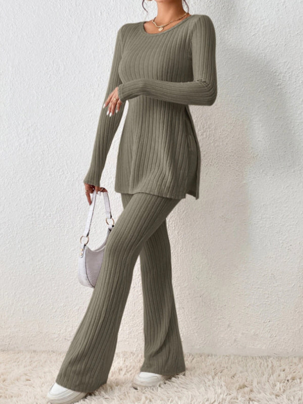 Loungewear Ribbed Knit Pants & Slit Side Crew Neck Sweater for