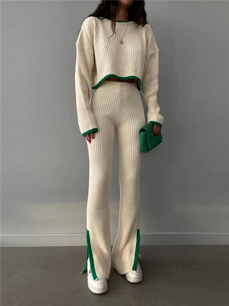 Rib-Knit Outfit Contrast Binding Sweater and Split Ankle Pants