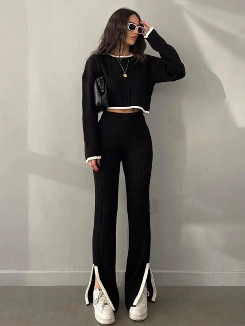 Rib-Knit Outfit Contrast Binding Sweater and Split Ankle Pants