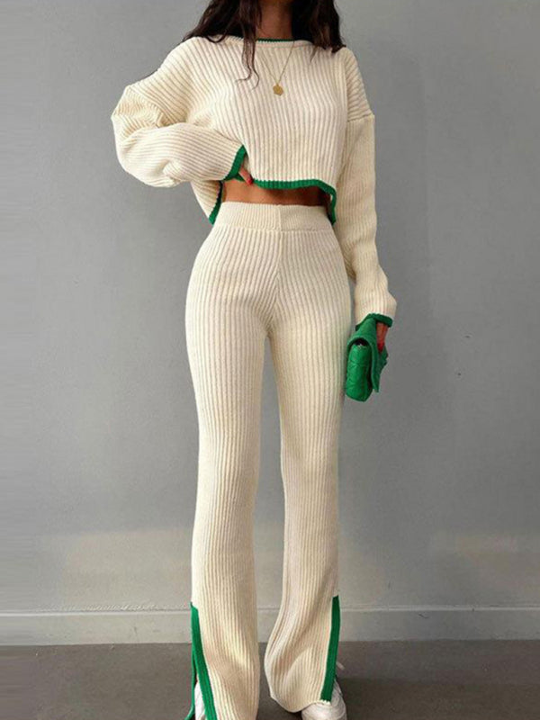 Rib-Knit Outfit Contrast Binding Sweater and Split Ankle Pants