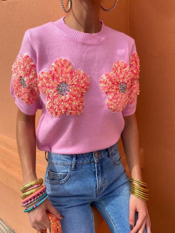 Women's Short Sleeve Knit Top with Flower Appliques Knit Tops