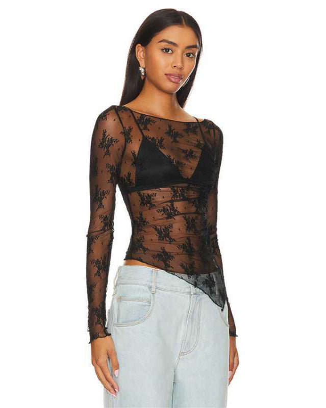 Long Sleeve Lace Top in Elegant Asymmetric Design Lace Tops