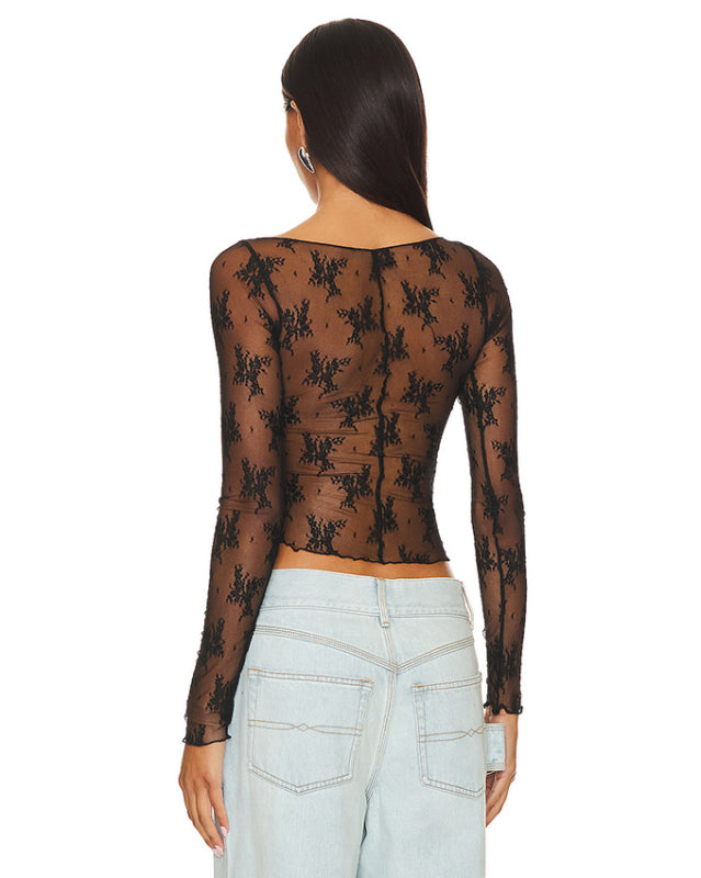 Long Sleeve Lace Top in Elegant Asymmetric Design Lace Tops