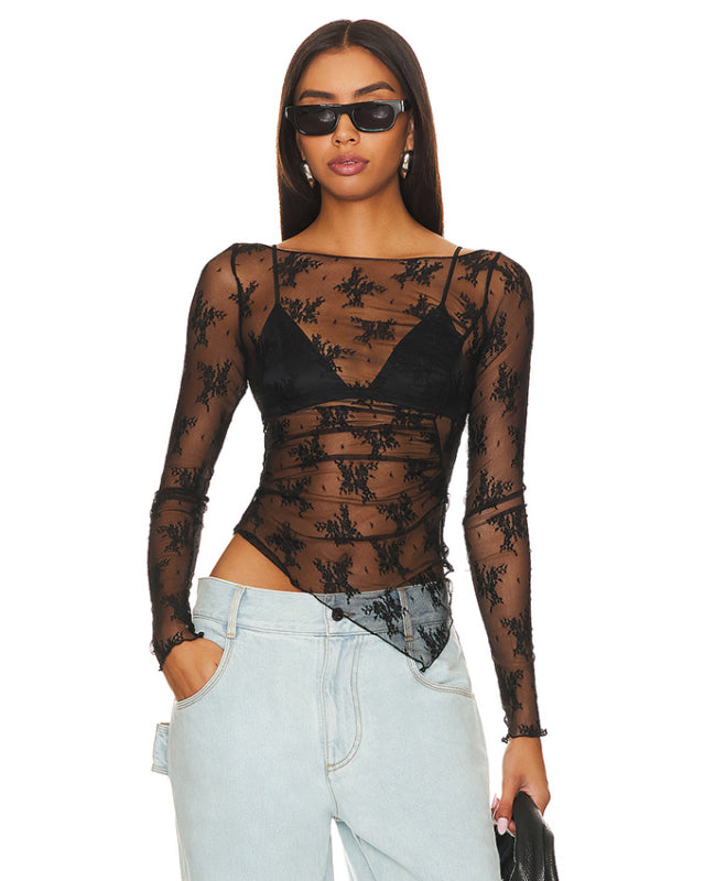 Long Sleeve Lace Top in Elegant Asymmetric Design Lace Tops