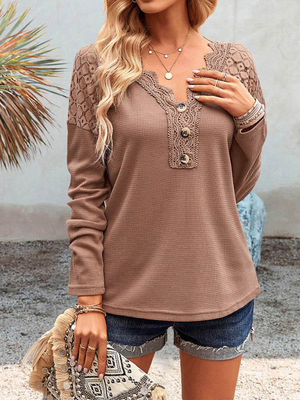 Textured Long Sleeves V-Neck Top with Lace Accents Knit Tops
