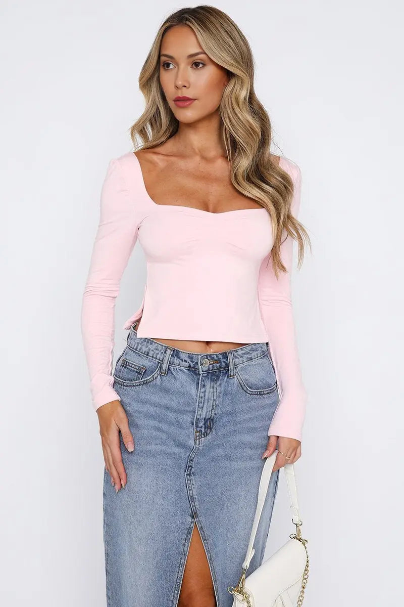 High Slit Long Sleeve Tee - Square Neck Top Tees