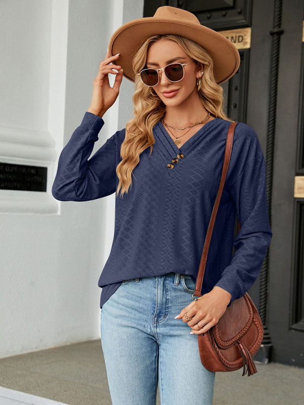 V-Neck Long Sleeve T-Shirt with Button Detail | T-shirts