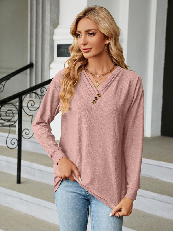 V-Neck Long Sleeve T-Shirt with Button Detail | T-shirts