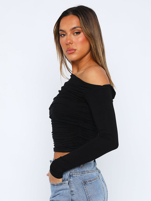 Solid One-Shoulder Long Sleeve Fitted Top for Women | T-Shirts