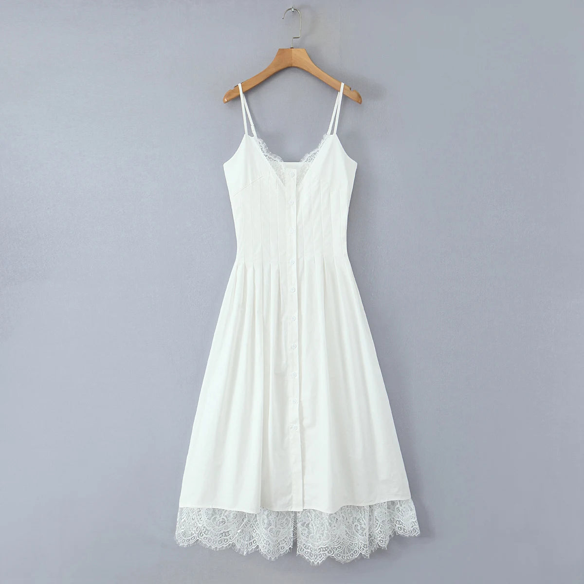 White Cotton Button-Front Summer Dress with Lace Detailing | Cami Dresses