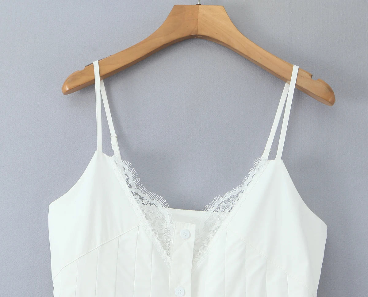 White Cotton Button-Front Summer Dress with Lace Detailing | Cami Dresses