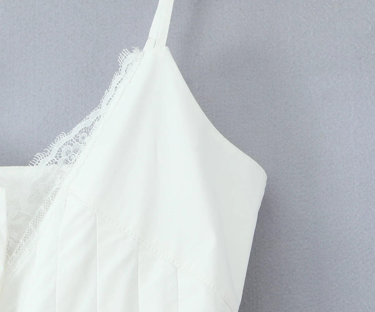 White Cotton Button-Front Summer Dress with Lace Detailing | Cami Dresses