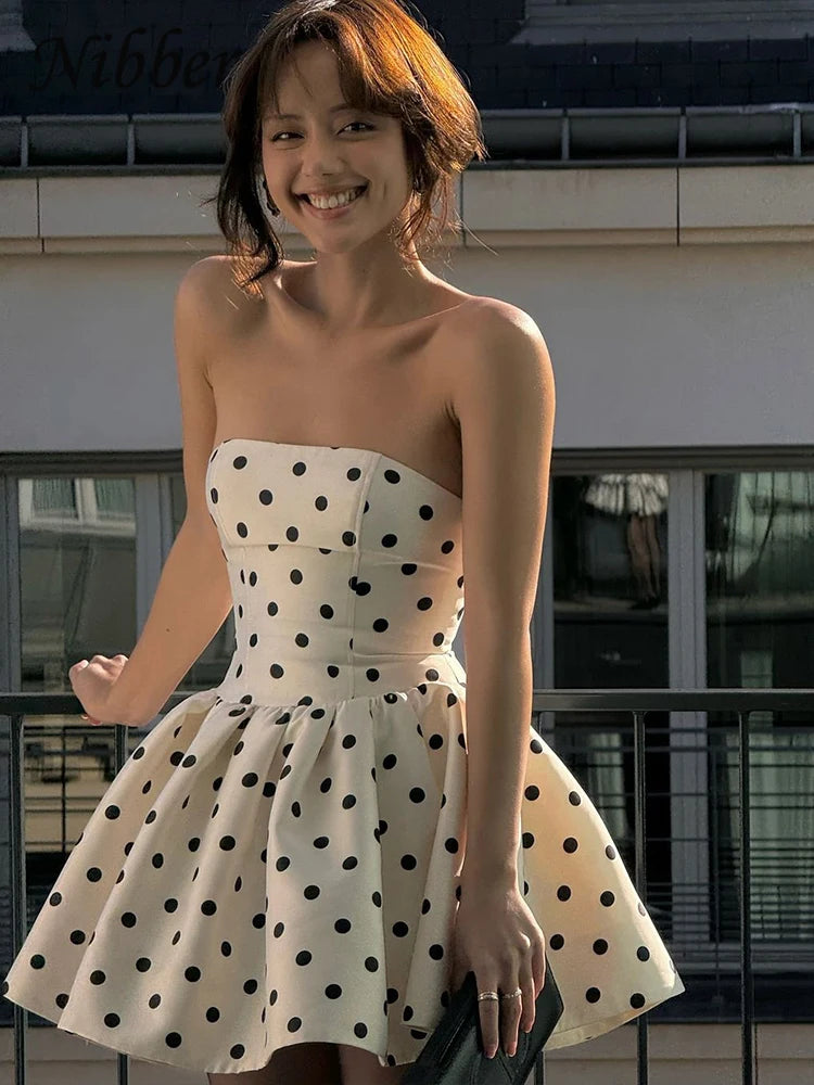 Summer Polka Dot Strapless Dress for Cocktails