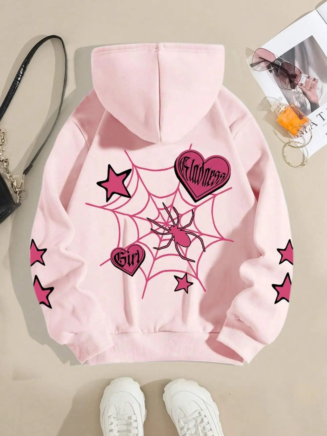 Women's Pink Hoodie with Spider Design for Garden Events