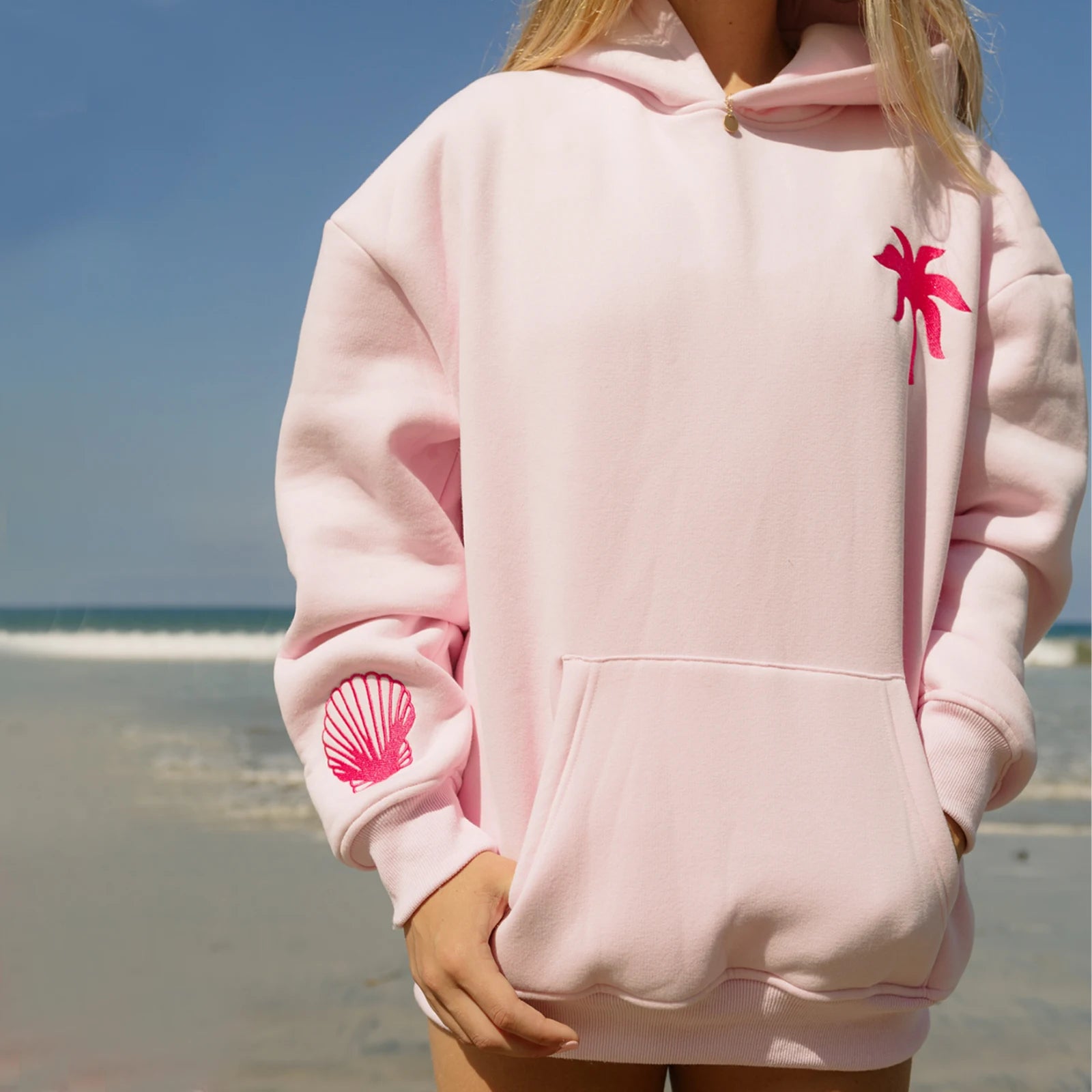 Embroidered Pink Hoodie with Seashell Design