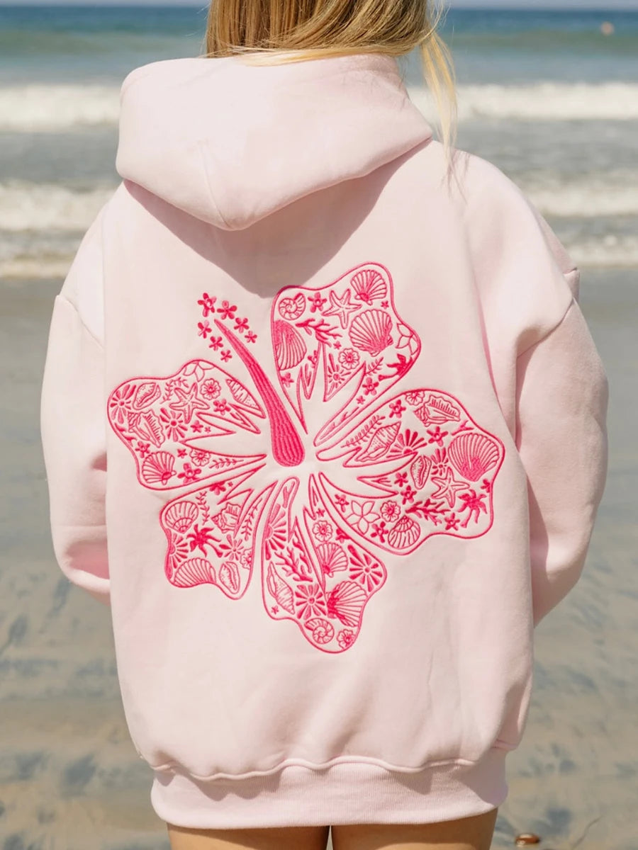 Embroidered Pink Hoodie with Seashell Design | Hoodies