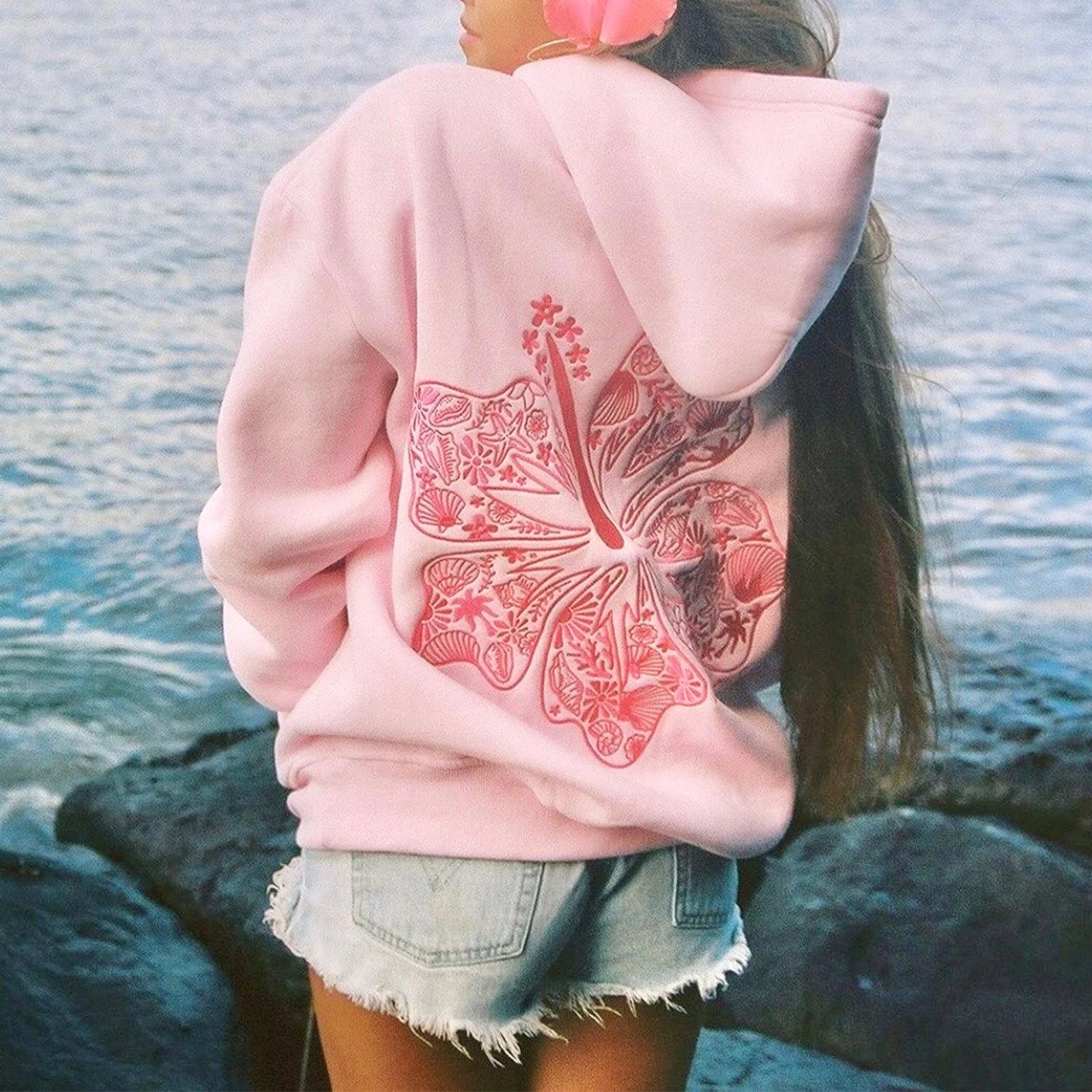 Embroidered Pink Hoodie with Seashell Design | Hoodies