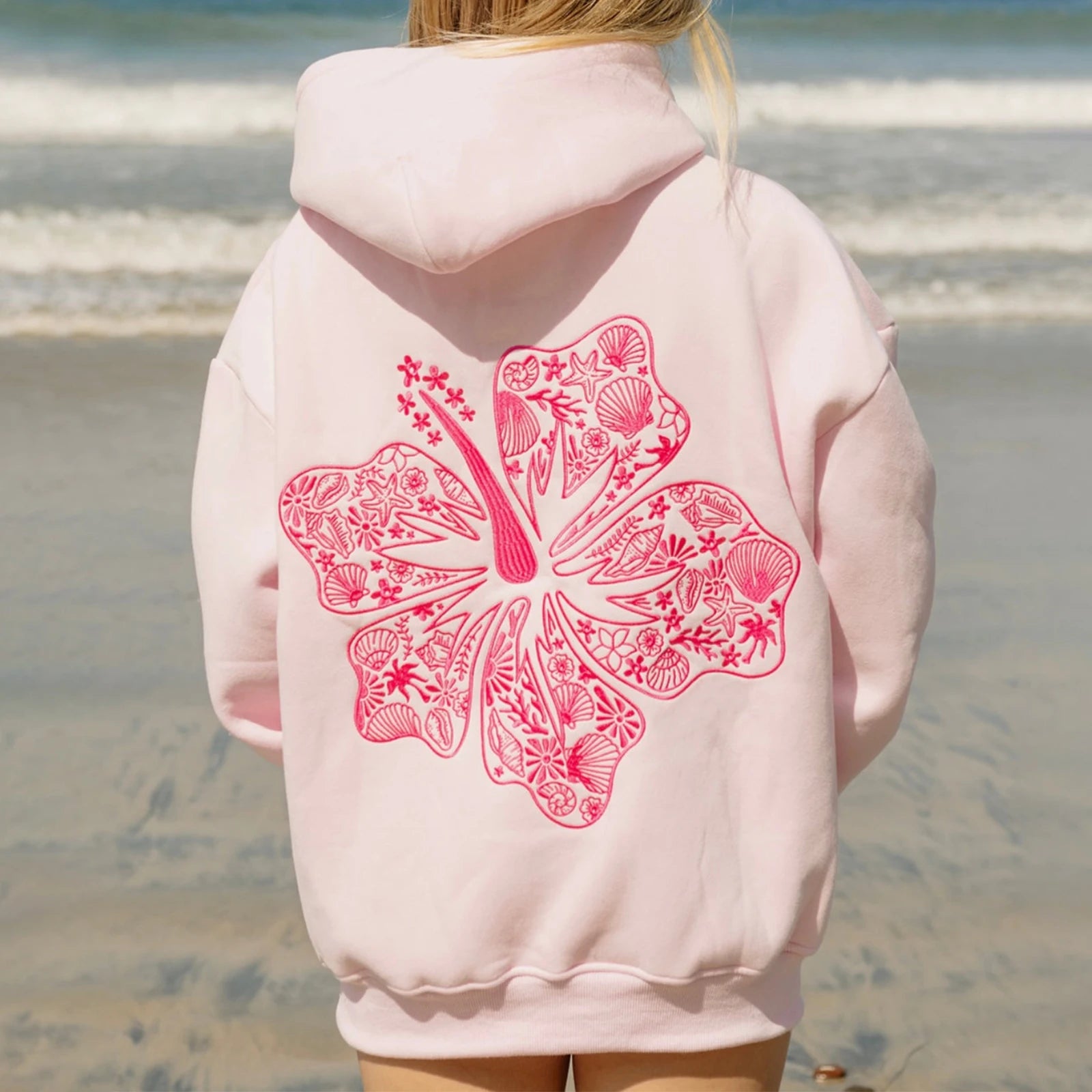 Embroidered Pink Hoodie with Seashell Design | Hoodies