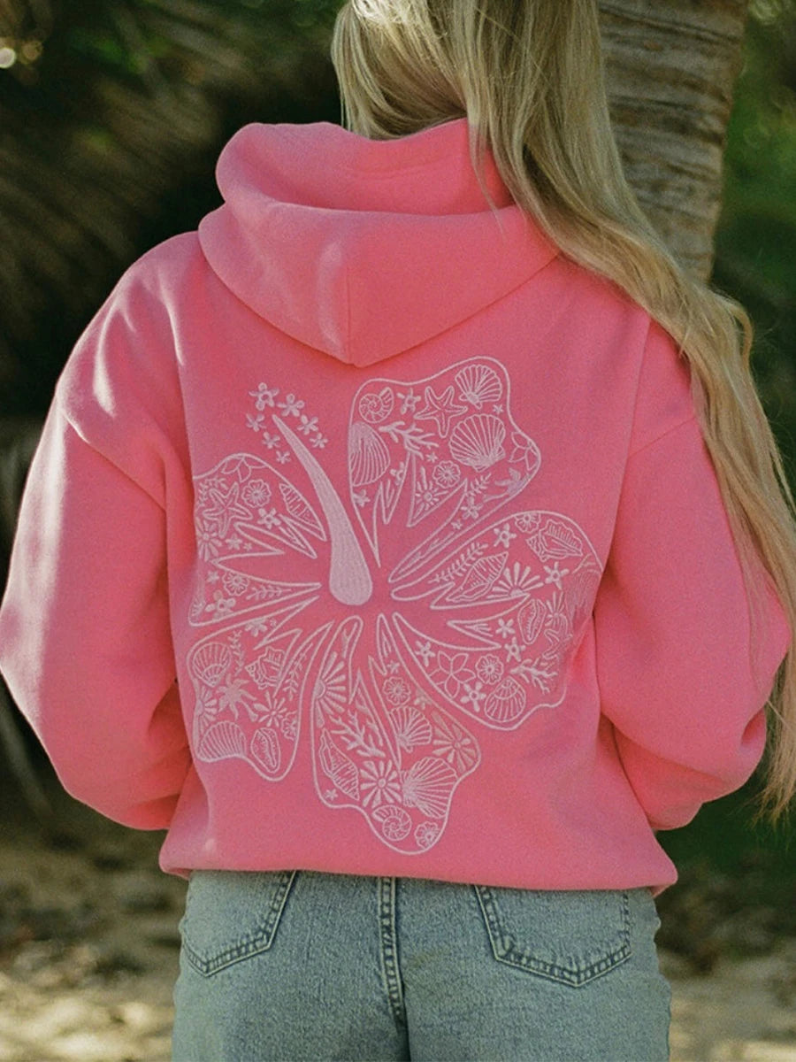 Embroidered Pink Hoodie with Seashell Design | Hoodies