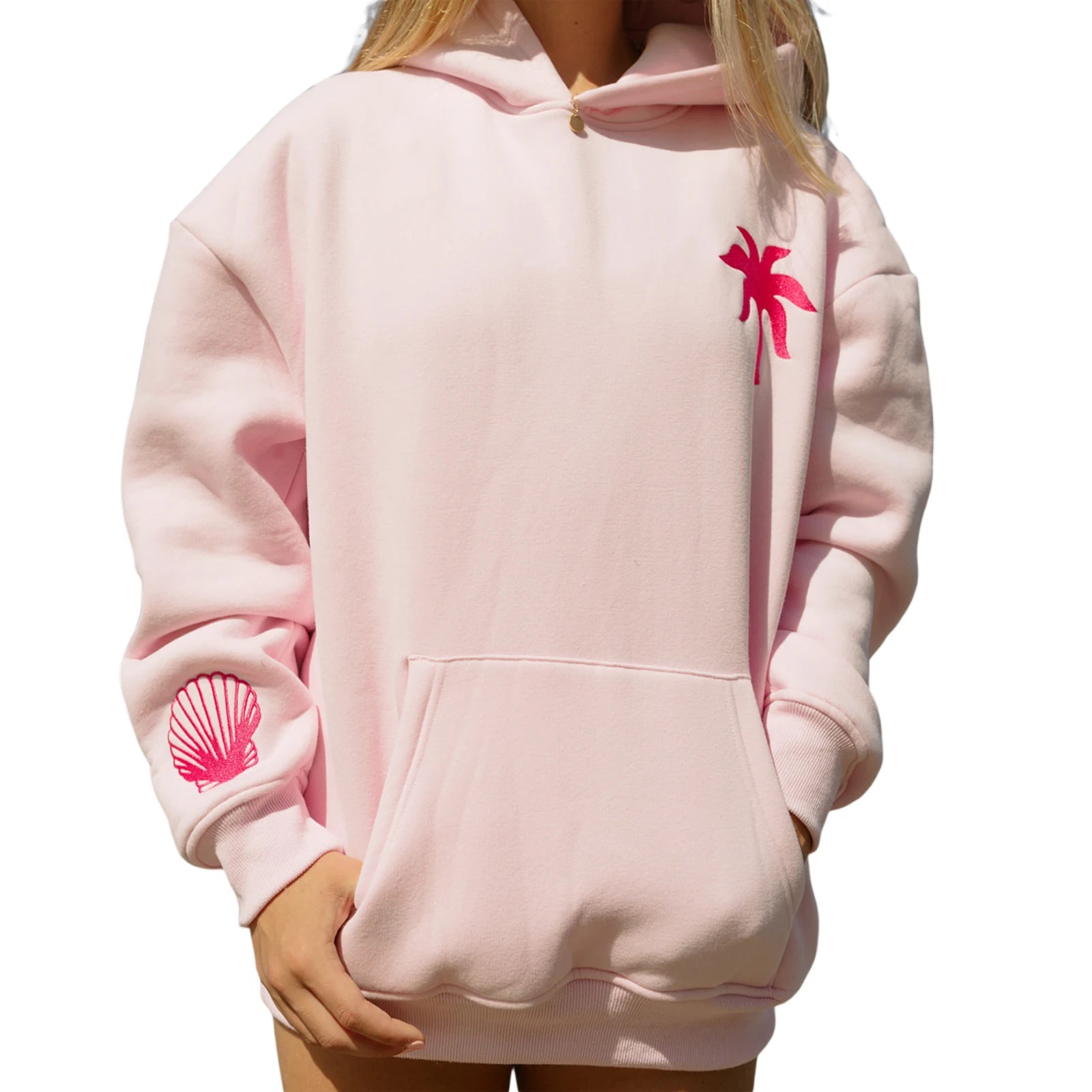 Embroidered Pink Hoodie with Seashell Design | Hoodies