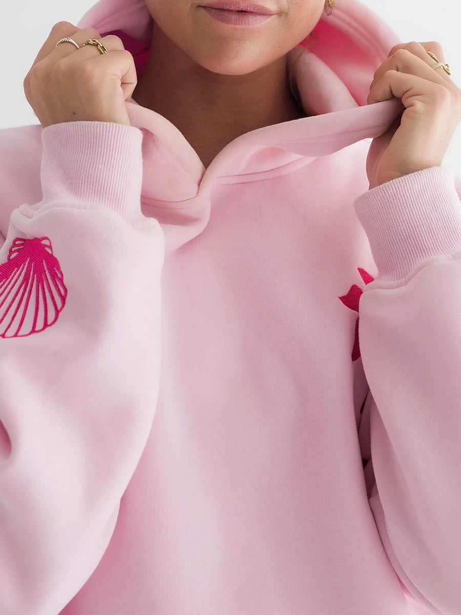 Embroidered Pink Hoodie with Seashell Design | Hoodies