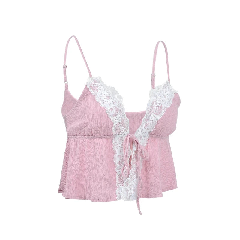 Lace-Trimmed Tie-Front Cami – Perfect for Festivals &amp; Events | Camis