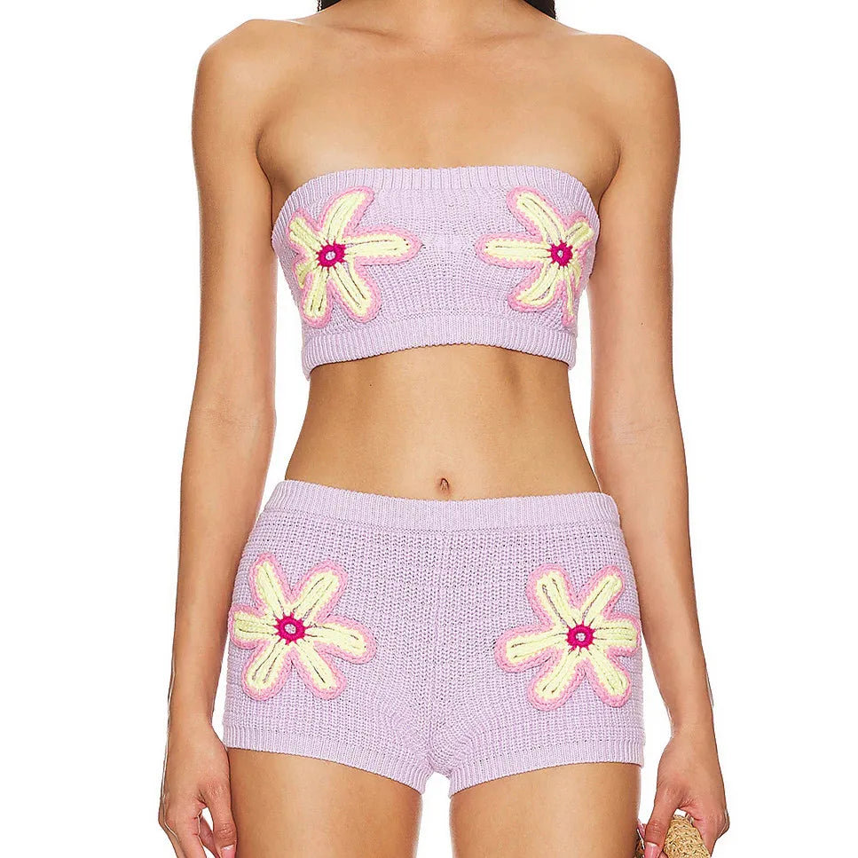 Floral Embroidered Knitted Bandeau & Shorts | Summer Lounge Set