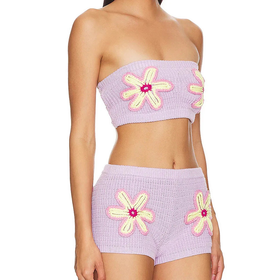 Floral Embroidered Knitted Bandeau &amp; Shorts | Summer Lounge Set | Loungewear