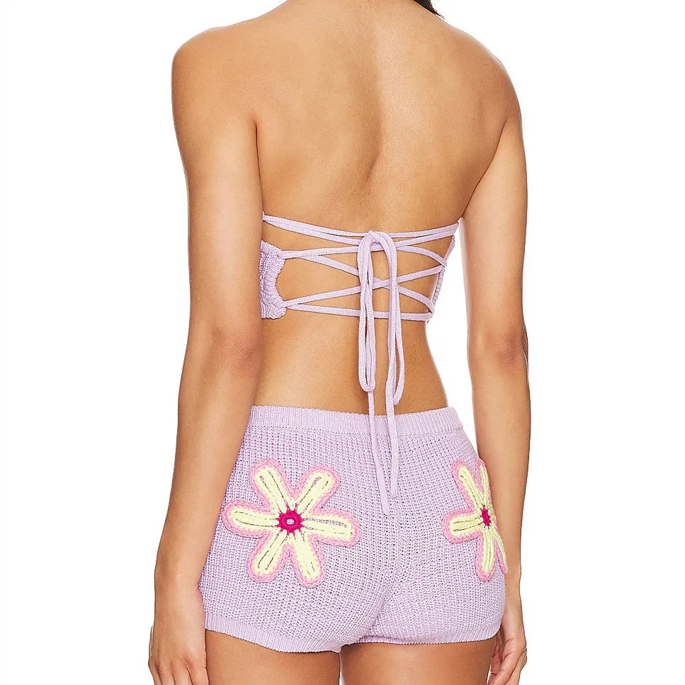 Floral Embroidered Knitted Bandeau &amp; Shorts | Summer Lounge Set | Loungewear