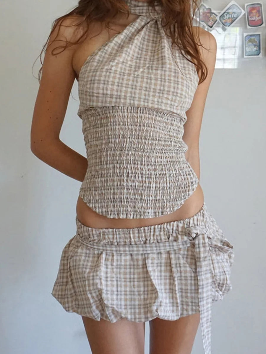 Casual Asymmetric Halter & Puff Skirt Set in Check