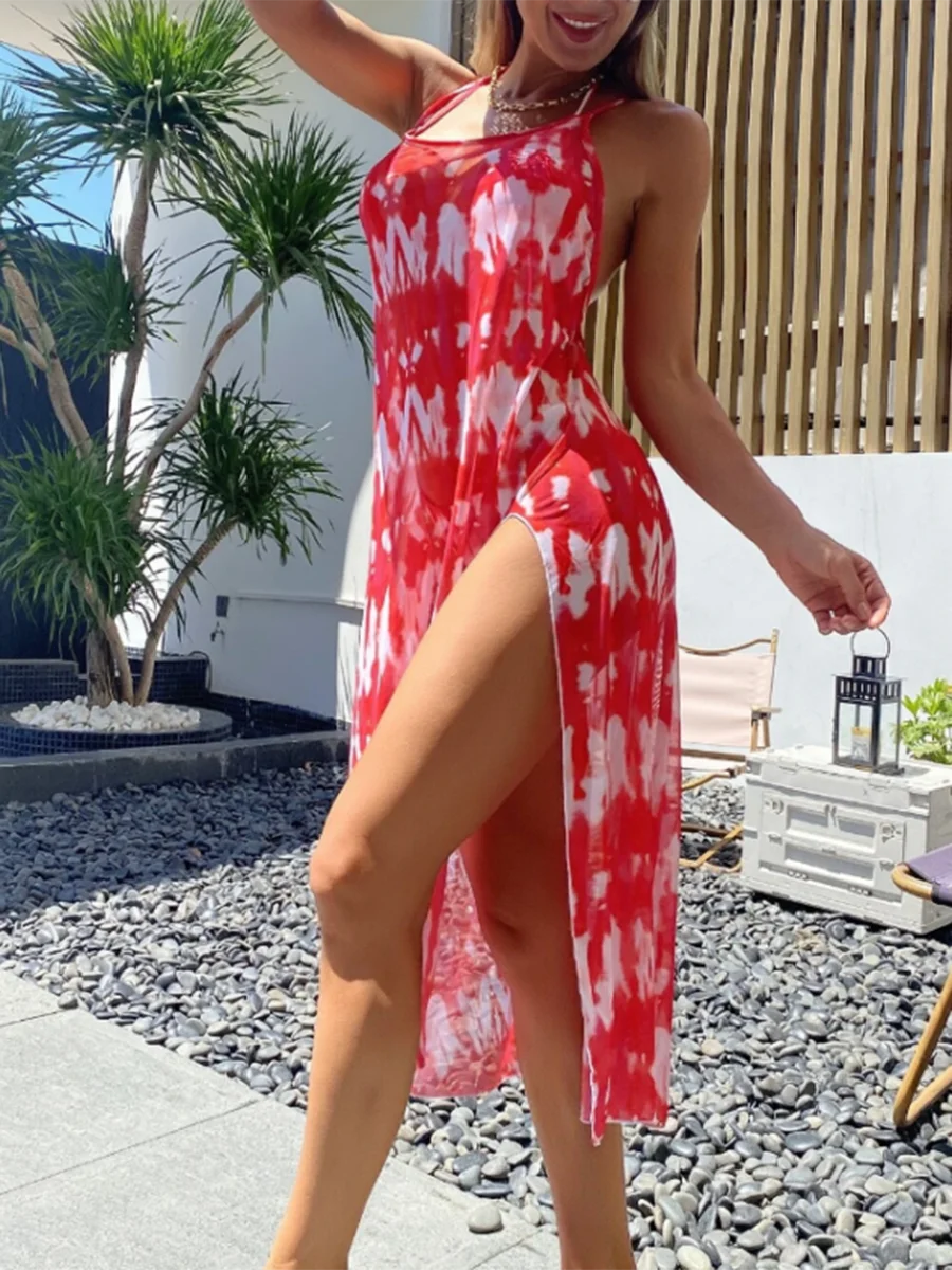 Vibrant Red Tie-Dye Bikini and Dress Cover-Up 3 Piece Set