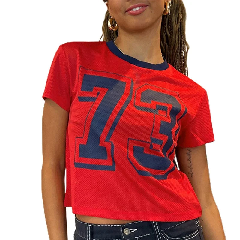 Red and Blue Casual Cropped Sports Tee | T-Shirts