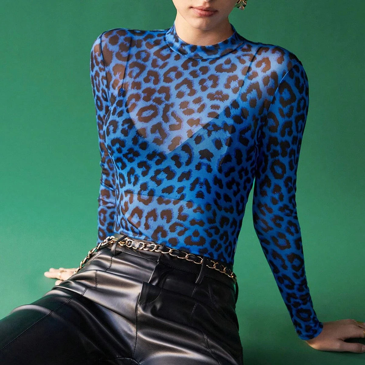 Trendy Blue Leopard Top for Everyday Elegance | See-through Tops